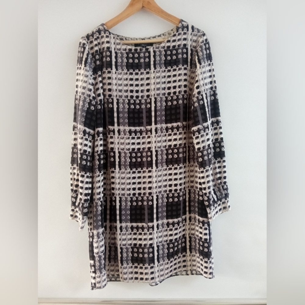 Thakoon Black & White Plaid Print Long Sleeve Shift Dress Size L